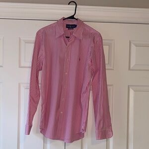 Ralph Lauren Men's Pink and White Striped Button-Down Shirt